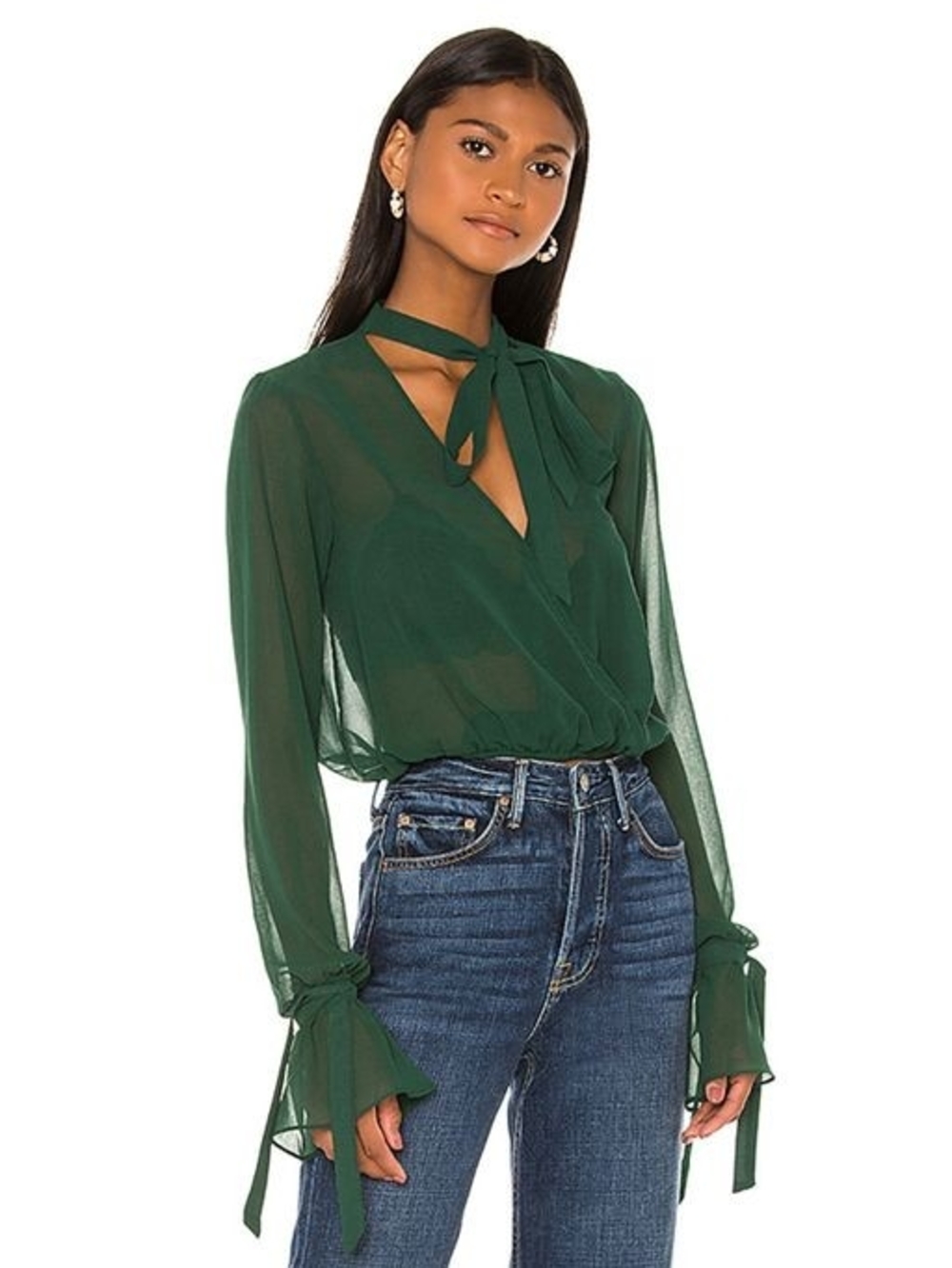 House of Harlow 1960 X REVOLVE Joli Tie Cuff Sheer Blouse in Forest Green